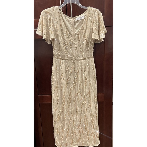 MAC DUGGAL 93591 SEQUINED V-NECK FLUTTER SLEEVE TEA LENGTH OYSTER SHEAT DRESS 4 - Picture 3 of 11